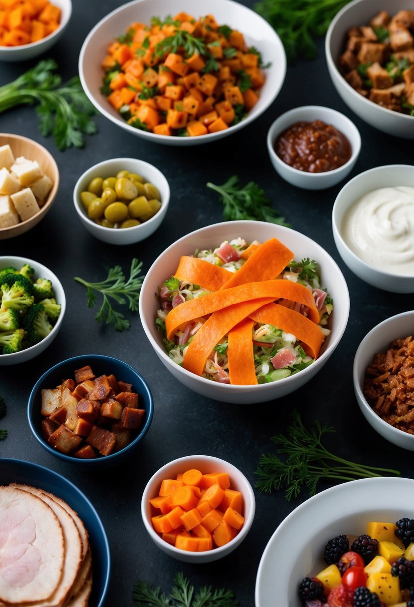 A bowl of carrot ribbon salad surrounded by 20 different side dishes for ham